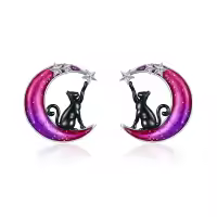 wholesale 925 Sterling Silver Black Cat on Crescent Moon Stud Earrings with Stars and Purple Glitter-Colorful Moon Black Cat