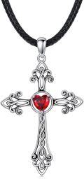wholesale 925 Sterling Silver Cross Pendant with Red Heart Stone on Black Braided Leather Cord Necklaces for Women s (Length: Adjustable)-0-0