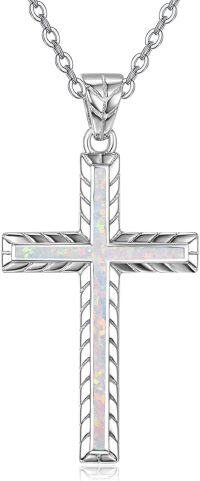 wholesale 925 Sterling Silver Opal Inlay Cross Pendant Necklace for Women Christian Faith Jewelry Religious Gift-White Opal