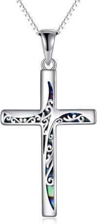 wholesale 925 Sterling Silver Blue Abalone Shell Inlay Faith Hope Love Cross Pendant Necklace for Women Men -Cross Necklace-Filigree