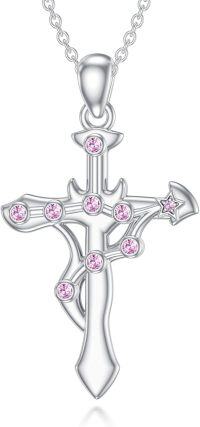 wholesale 925 Sterling Silver Pink Crystal Starry Sky Zodiac Cross Pendant Necklace-Libra