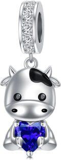 wholesale  925 Sterling Silver Cow Charm with Sapphire & White Zircon Bead for Bracelet - September Birthstone Jewelry Gift for Women-0-0