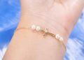 wholesale 10K Gold Moissanite & Pearl Cross Bracelet for Women, Nickel-Free, 8.4-0-3