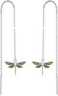 wholesale 925 Sterling Silver Dragonfly Long Chain Drop Earrings with Green Enamel Wings-0-0