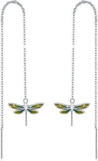 wholesale 925 Sterling Silver Dragonfly Long Chain Drop Earrings with Green Enamel Wings-Dragonfly Threaded Earrings