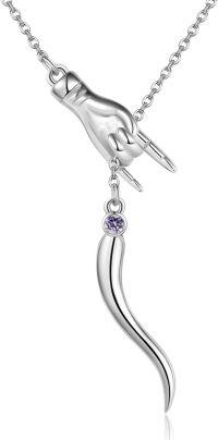 wholesale 925 Sterling Silver Birthstone Italian Horn Hand Necklace Cornicello Mano Cornuto Good Luck Amulet Pendant for Women-06-Jun-Created Alexandrite