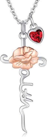 wholesale 925 Sterling Silver Birthstone Flower Cross Pendant Necklace-01 January-Carnation