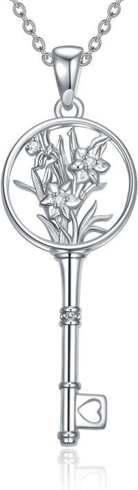 wholesale Sterling Silver Diamond Birth Flower Key Necklace for Women-3-Mar-Daffodil