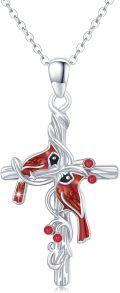 wholesale 925 Sterling Silver Red Gemstone Cardinal Cross Bird Pendant Necklace for Women Girls Gifts-0-0