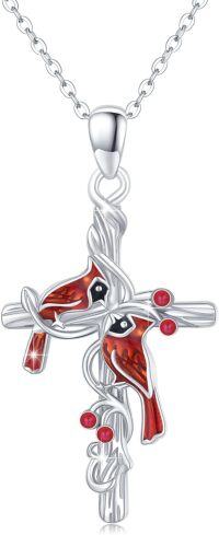 wholesale 925 Sterling Silver Red Gemstone Cardinal Cross Bird Pendant Necklace for Women Girls Gifts-B-Cross Cardinals