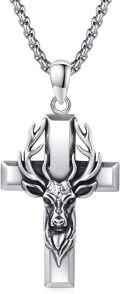 wholesale 925 Sterling Silver &  Antlered Deer Head Cross Pendant Necklace-0-0