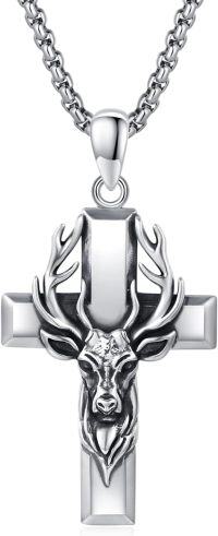 wholesale 925 Sterling Silver &  Antlered Deer Head Cross Pendant Necklace-Elk Cross Necklace