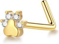 wholesale 14K Gold Moissanite Diamond Animal Paw L-Shaped Nose Ring 20G 0.8mm Post-L Shaped Paw