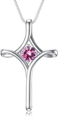 wholesale  Sterling Silver Birthstone Cross Necklace for Women Fine Jewelry Gift -10-Pink Tourmaline-October