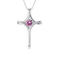 wholesale 925 Sterling Silver Birthstone Cross Necklace for Women Fine Jewelry Gift-10-Pink Tourmaline-October