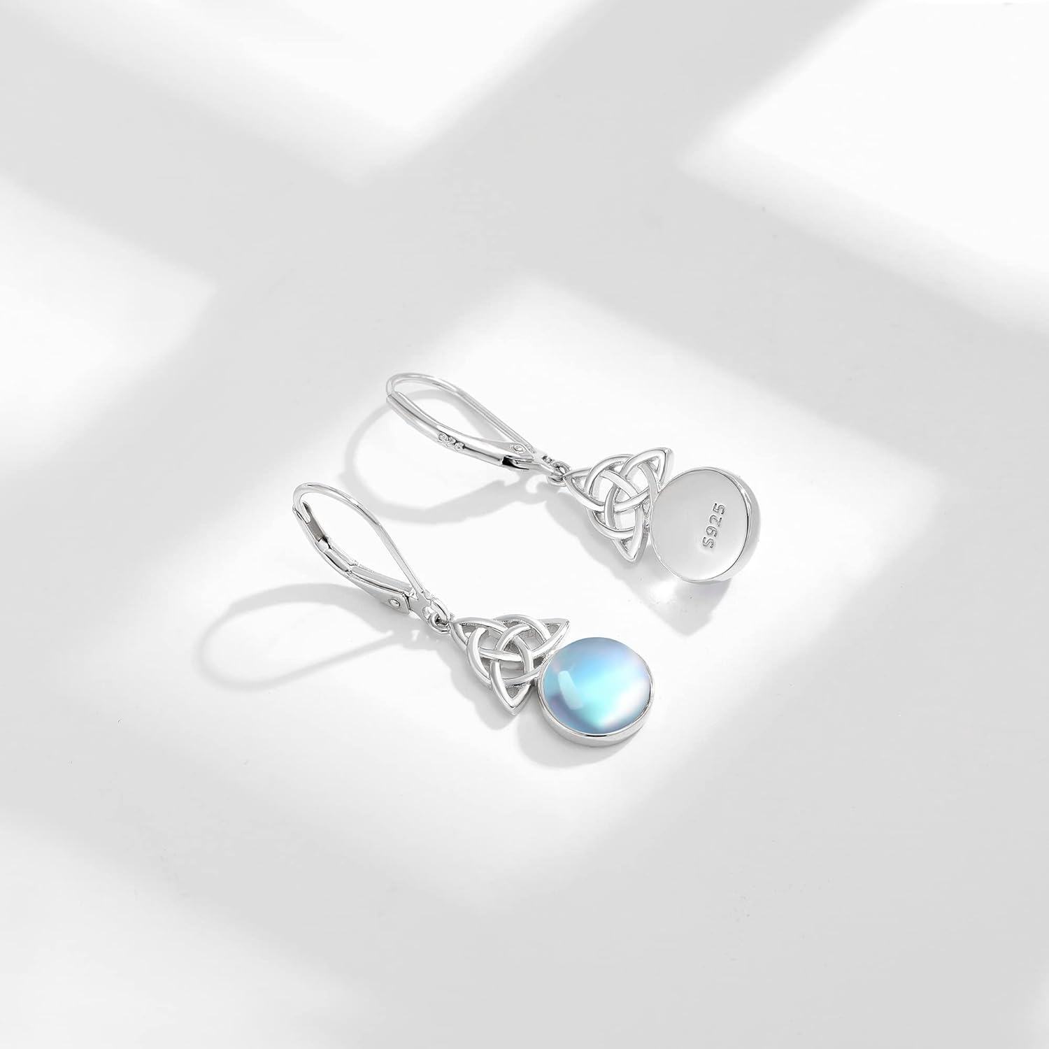 925 Sterling Silver Blue Moonstone Triquetra Drop Earrings-0-2