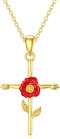 wholesale 14K Yellow Gold Red Poppy Flower Cross Pendant Necklaces for Women's s-0-0