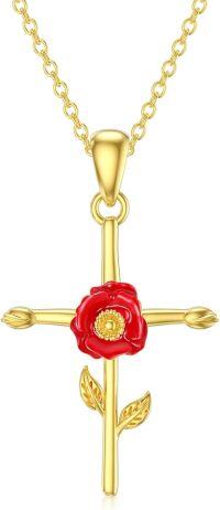 wholesale 14K Yellow Gold Red Poppy Flower Cross Pendant Necklaces for Women's s-08-August
