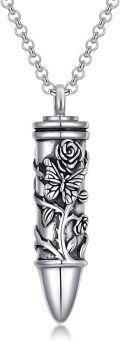 wholesale 925 Sterling Silver Cremation Jewelry Bullet Shape Memorial Keepsake Necklace for Ashes with Rose and Butterfly Design-0-0