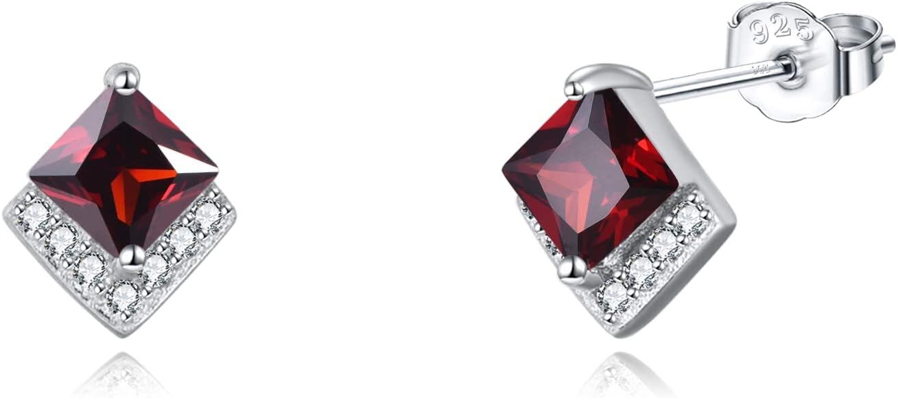 Sterling Silver Cubic Zirconia Birthstone Stud Earrings Hypoallergenic-Jan-Granet