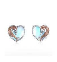 wholesale 925 Sterling Silver Heart-Shaped Horse Head Stud Earrings with Blue Enamel and Rose Gold Accents-Horse