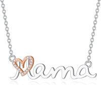 wholesale 925 Sterling Silver Lab-Grown Cubic Zirconia Mama Script with Rose Gold Plated Heart Pendant Necklace-C1-Mama