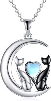 wholesale 925 Sterling Silver Crescent Moon with Cats and Heart Shape Stone Pendant Necklace for Women-moonstone cat
