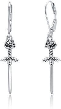 wholesale 925 Sterling Silver Rose Sword Leverback Dangle Earrings-sword