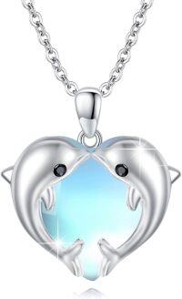wholesale 925 Sterling Silver Heart-Shaped Dolphins with Blue Stone Pendant Necklace for Women - Oceanic -Dolphin Moonstone Necklace