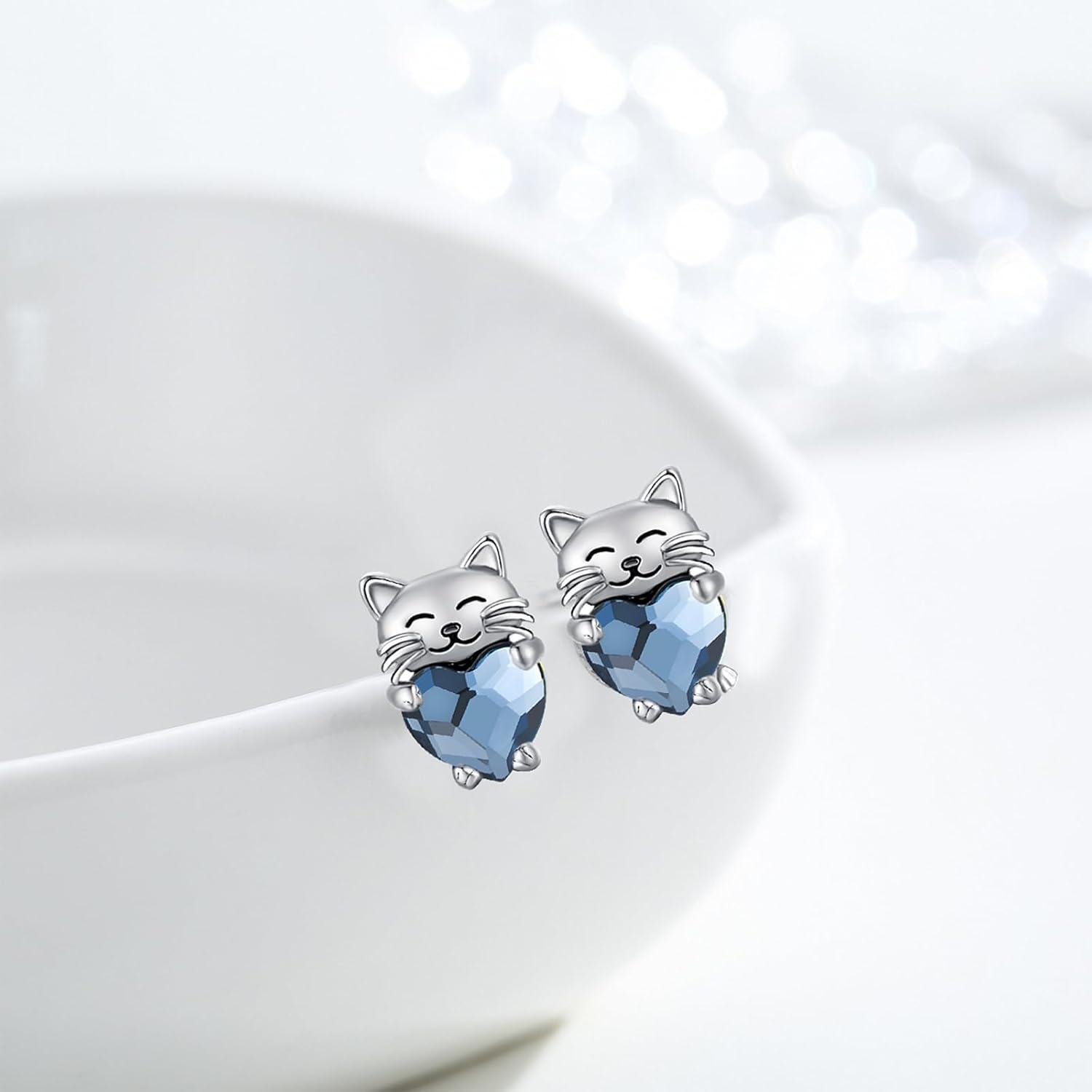 925 Sterling Silver Heart-Shaped Blue Crystal Cat Stud Earrings - Adorable Kitty  for Her-0-1