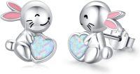 wholesale 925 Sterling Silver Opal Heart Bunny Stud Earrings for Women - Cute Animal s for Sisters and Friends on Easter Thanksgiving & Christmas-White Opal