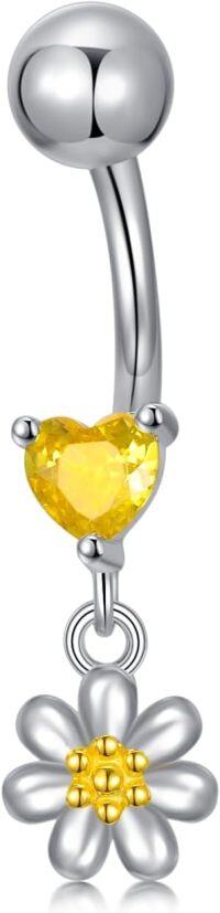 wholesale 925 Sterling Silver Daisy Flower Belly Button Ring with Yellow Heart Pendant Jewelry for Women Gifts-Daisy