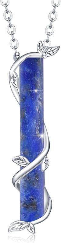 wholesale Sterling Silver Lapis Lazuli White Opal Vertical Bar Necklace - Exquisite Elegant Leaf Pendant Clavicle Chain, 18+2 Extender, Gift Ready-G-Lapis Lazuli Vertical