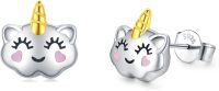 wholesale 925 Sterling Silver Unicorn Stud Hoop Earrings for Girls Women Kids  3D Cute Cartoon Design with Gold Horn and Pink Cheeks-Unicorn Stud Earrings