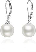 wholesale 925 Sterling Silver White Round Pearl Leverback Dangle Drop Earrings for Women-0-0