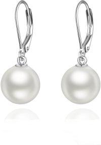wholesale 925 Sterling Silver White Round Pearl Leverback Dangle Drop Earrings for Women-Pearl