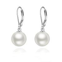 wholesale 925 Sterling Silver Round White Pearl Drop Earrings White Gold Plated-Pearl