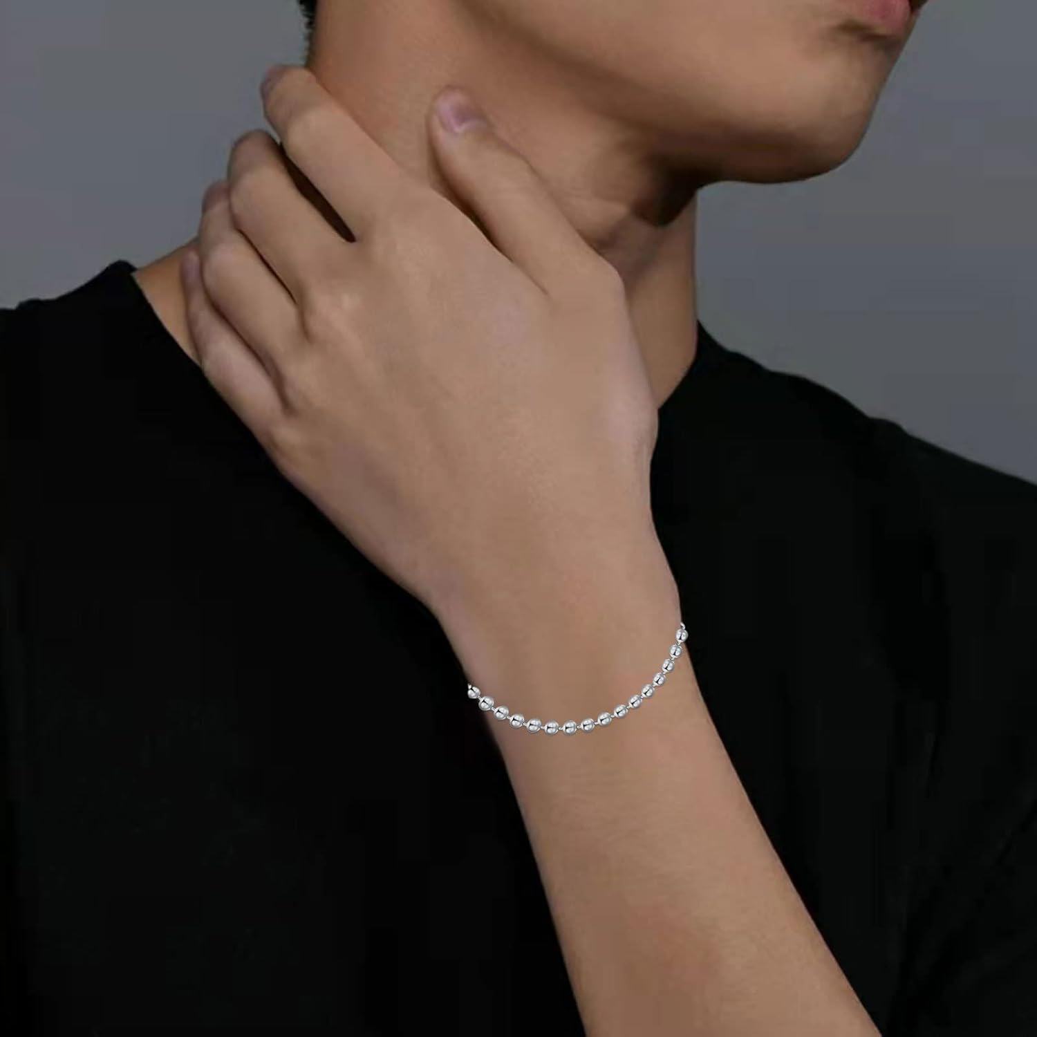 925 Sterling Silver 3mm Bead Chain Bracelet with Lobster Claw Closure - Made in Italy (Length: 7)-0-4