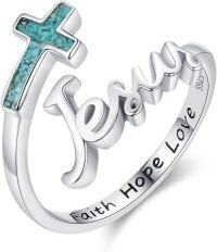 wholesale Sterling Silver Turquoise Cross Ring Adjustable Faith Jesus Jewelry Gift for Women Girls-A1-Faith Cross Turquoise Ring
