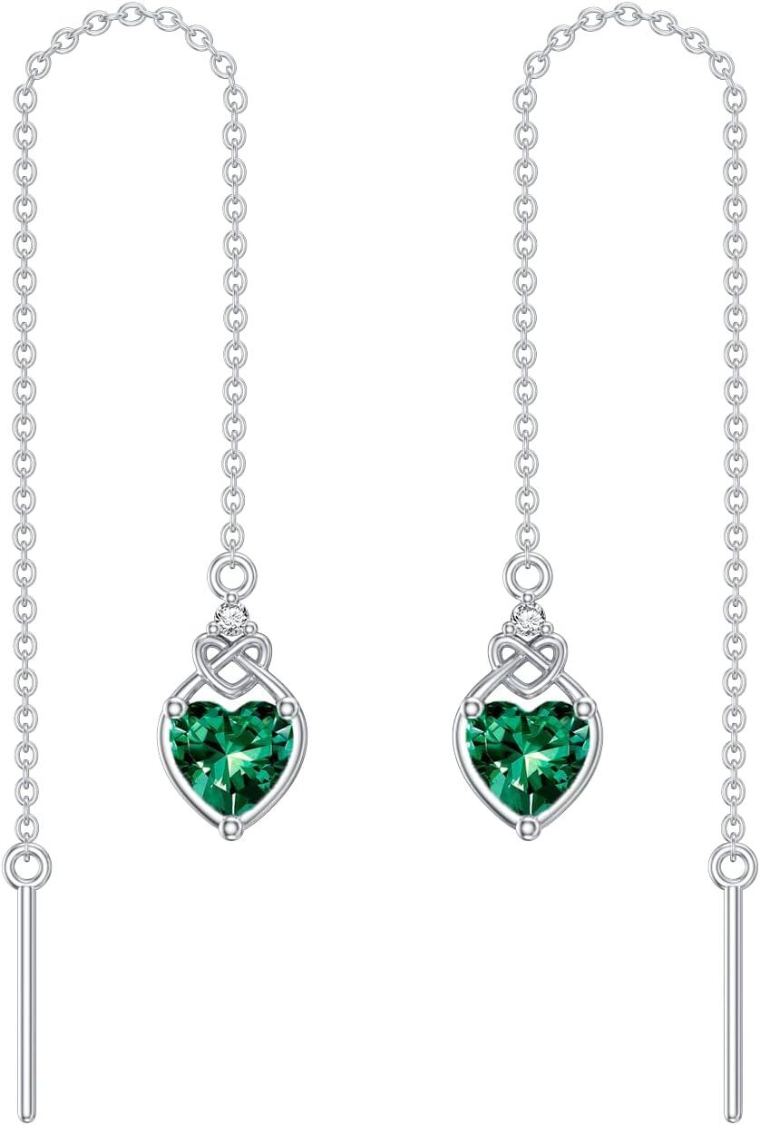 Sterling Silver Celtic Knot Heart Threader Earrings w 12 Birthstones-5-May-Emerald Green