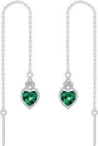 wholesale 925 Sterling Silver Celtic Knot Heart Threader Earrings w 12 Birthstones-5-May-Emerald Green