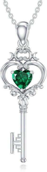wholesale Metal Stone Birthstone Key Pendant Necklace Gift for Women-May(Emerald)