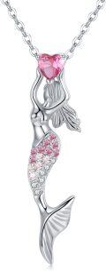 wholesale 925 Sterling Silver Pink CZ Heart Mermaid Pendant Necklaces for Women Beach Gifts-0-0