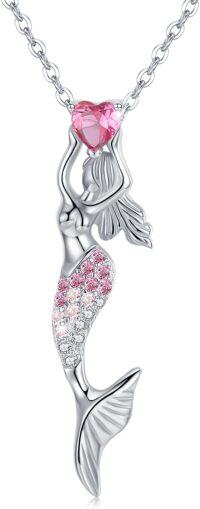 wholesale 925 Sterling Silver Pink CZ Heart Mermaid Pendant Necklaces for Women Beach Gifts-01- Mermaid Necklace(Pink)