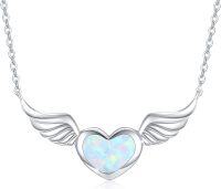 wholesale 925 Sterling Silver Heart-Shaped Opal Wing Pendant Necklace for Women and Girls-Angel Wings Necklace-White Opal