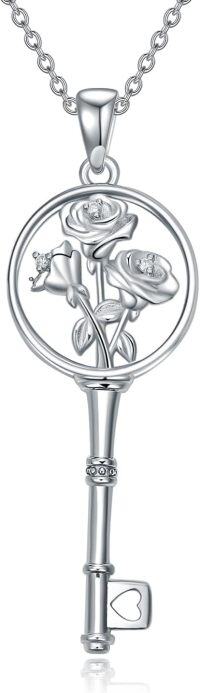 wholesale Sterling Silver Diamond Birth Flower Key Necklace for Women-6-Jun-Rose