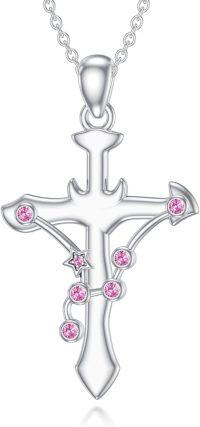 wholesale 925 Sterling Silver Pink Crystal Star and Moon Zodiac Constellation Cross Pendant Necklace-Cancer