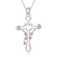 wholesale 925 Sterling Silver Cross Pendant With Pink Zirconia And Chain For Women-Cancer