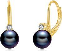 wholesale 925 Sterling Silver White Pearl and Cubic Zirconia Leverback Earrings-Black Pearl-Gold