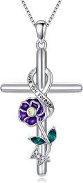 wholesale 925 Sterling Silver Purple Flower and Green Leaf Cross Pendant Necklaces for Women - I Love You Forever Engraved Christian Gifts for Mom & Daughter-0-0